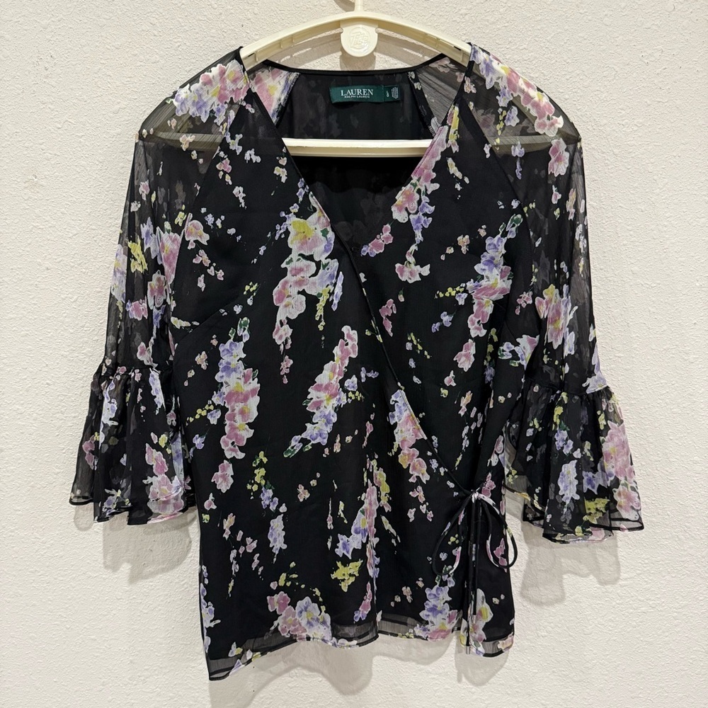 Lauren Ralph Lauren Floral Wrap Blouse Bell Sleeves Black Sheer Women’s Large